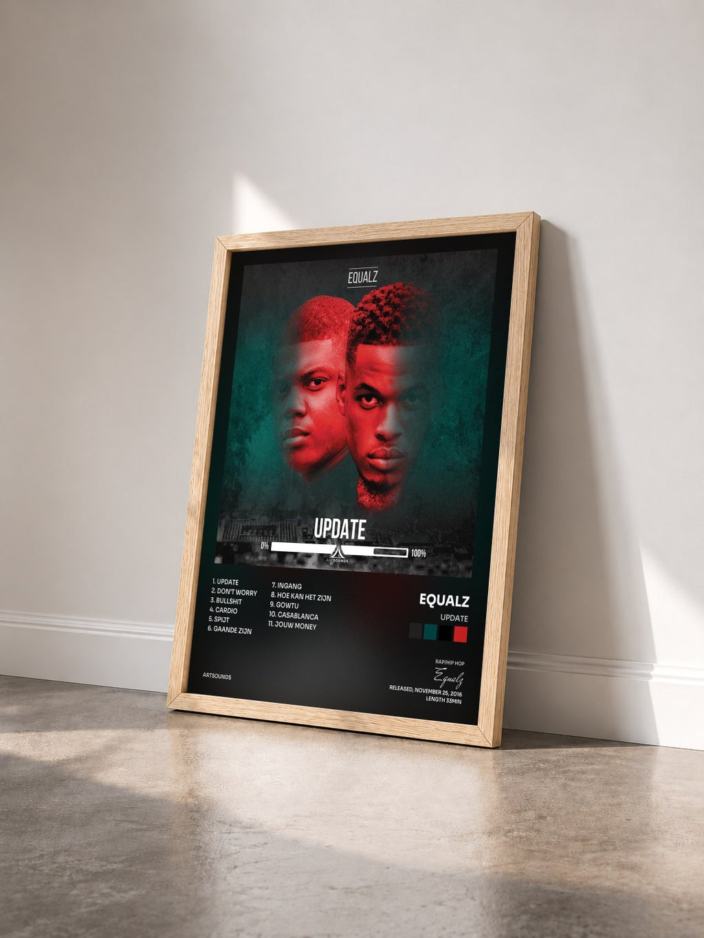 #bois Tableau de l'album Update de Equalz vu de trois quarts, cadre en bois brut