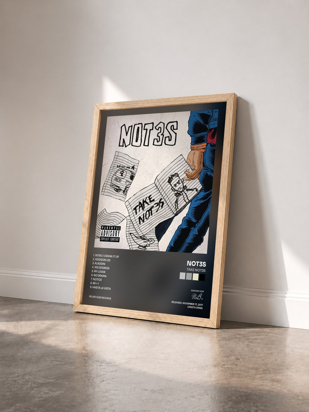 #bois Tableau de l'album Take Not3s de Not3s vu de trois quarts, cadre en bois brut