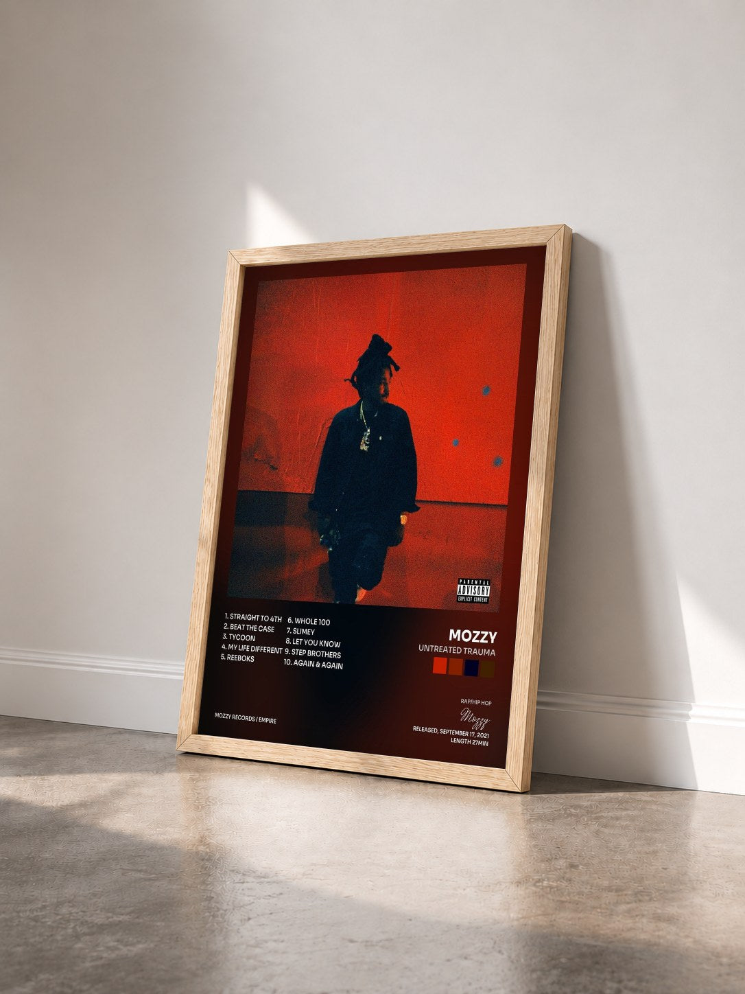 #bois Tableau de l'album Untreated Trauma de Mozzy vu de trois quarts, cadre en bois brut