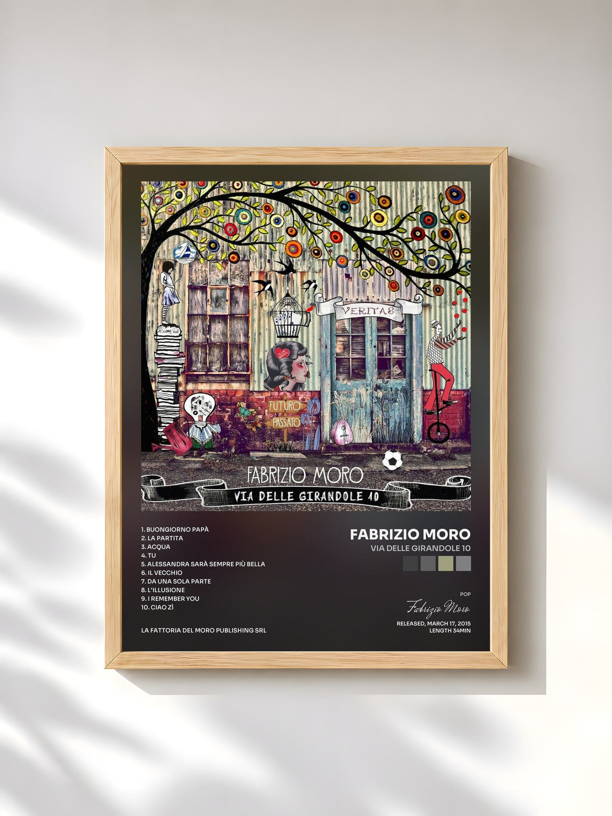 #bois Tableau de l'album Via delle Girandole 10 de Fabrizio Moro, cadre en bois brut, imprimé et encadré en France