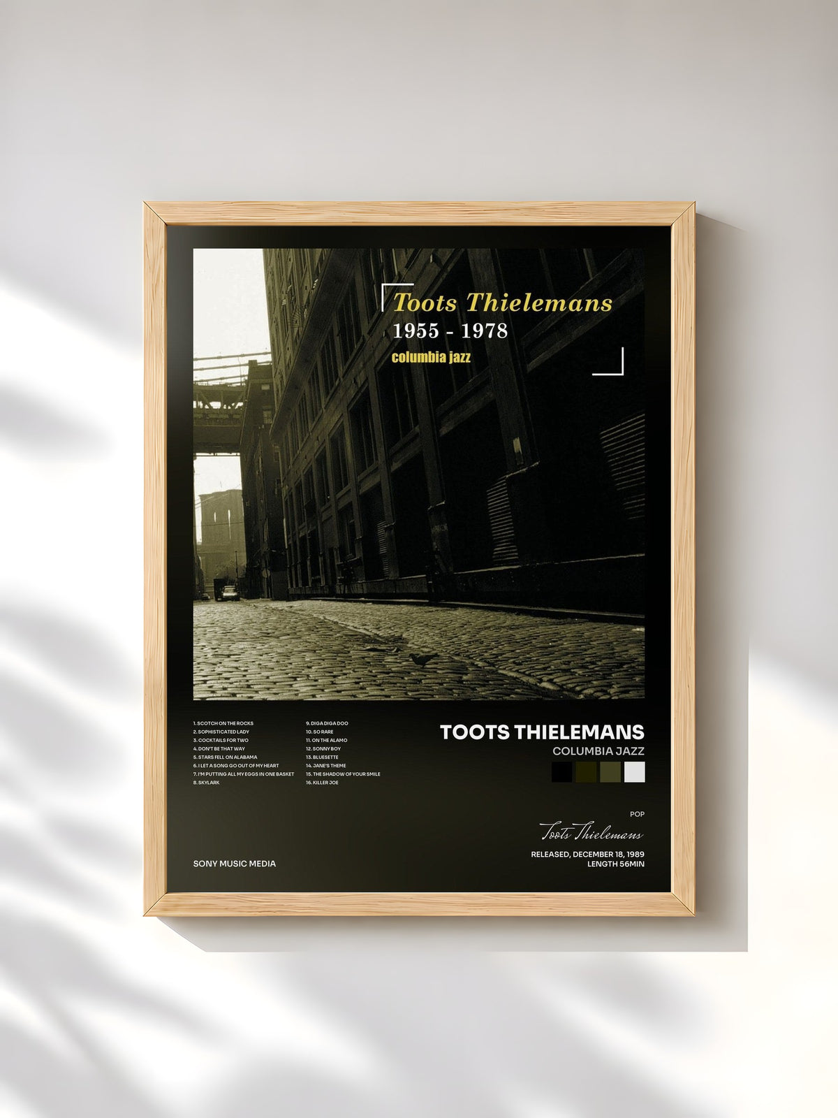 #bois Tableau de l'album Columbia Jazz de Toots Thielemans, cadre en bois brut, imprimé et encadré en France