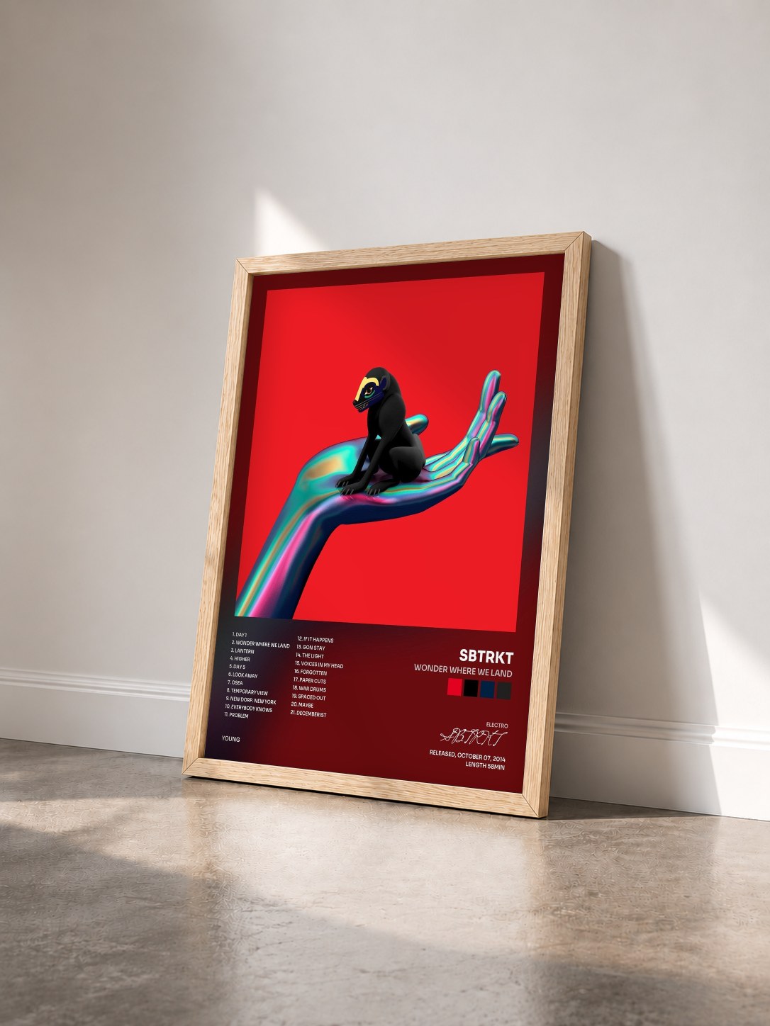#bois Tableau de l'album Wonder Where We Land de SBTRKT vu de trois quarts, cadre en bois brut