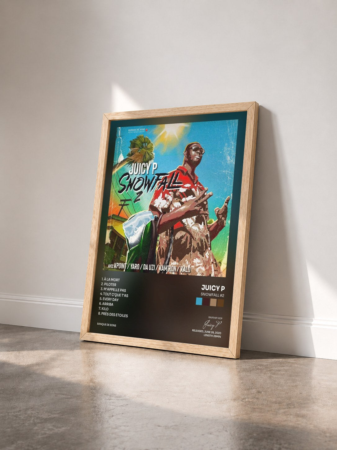 #bois Tableau de l'album Snowfall #2 de Juicy P vu de trois quarts, cadre en bois brut