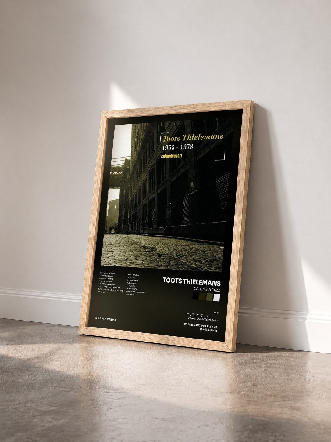 #bois Tableau de l'album Columbia Jazz de Toots Thielemans vu de trois quarts, cadre en bois brut