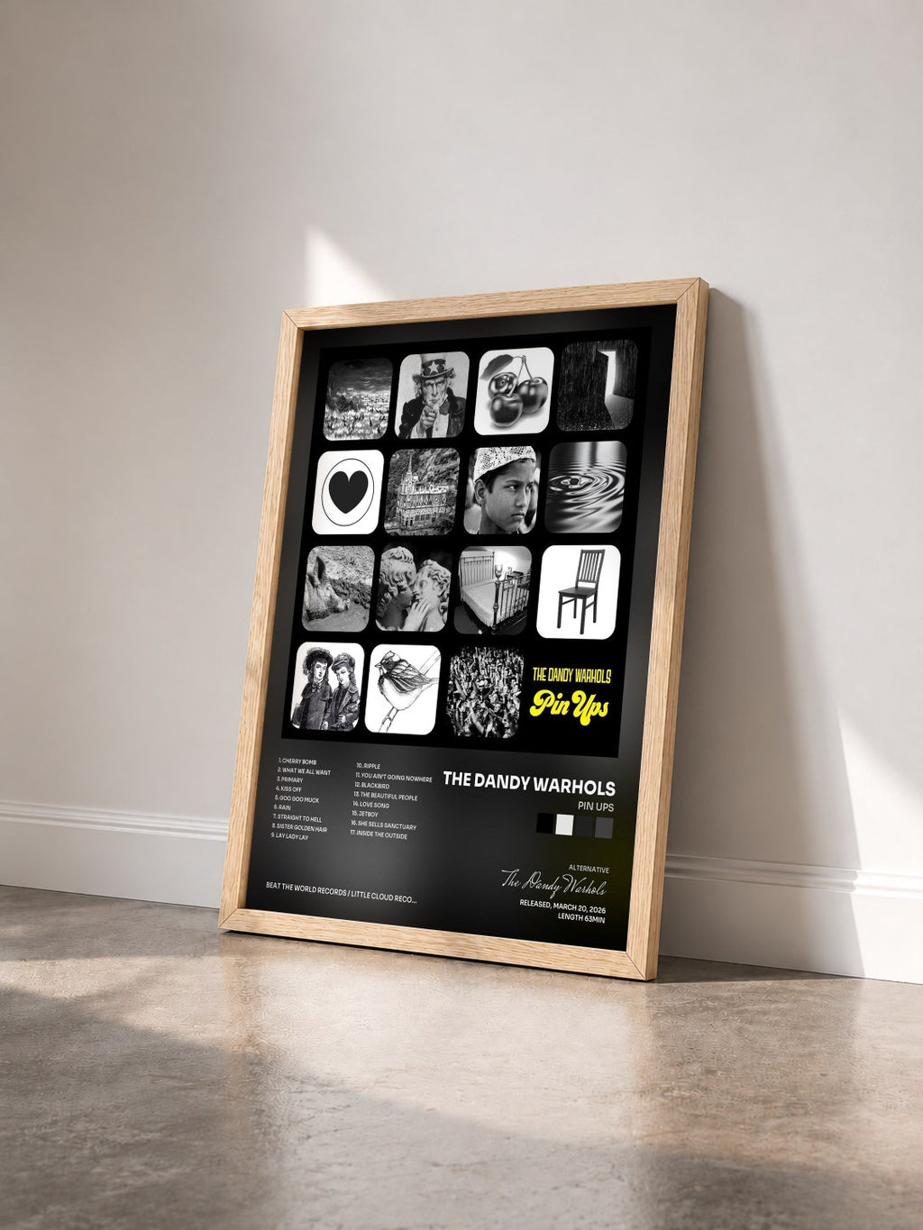 #bois Tableau de l'album Pin Ups de The Dandy Warhols vu de trois quarts, cadre en bois brut