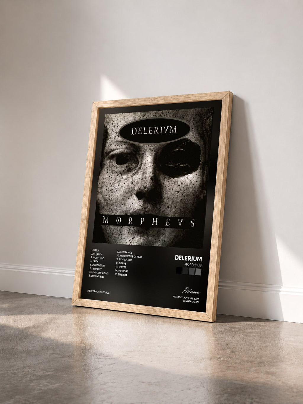 #bois Tableau de l'album Morpheus de Delerium vu de trois quarts, cadre en bois brut
