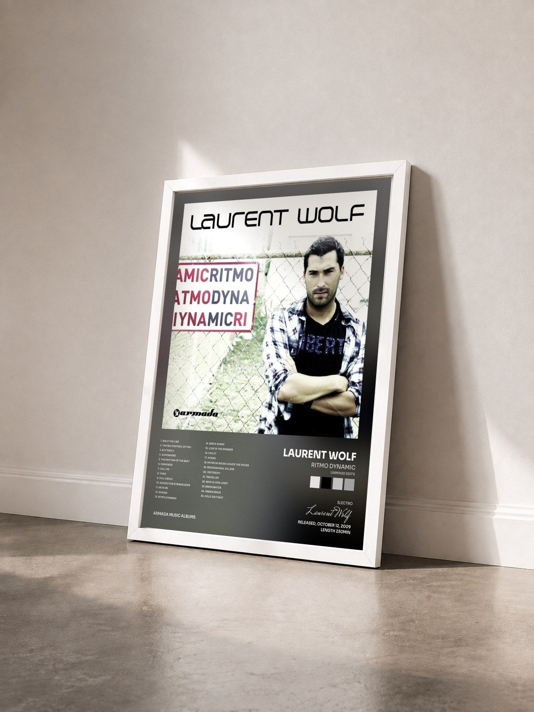 #blanc Tableau de l'album Ritmo Dynamic (Unmixed Edits) de Laurent Wolf vu de trois quarts, cadre blanc