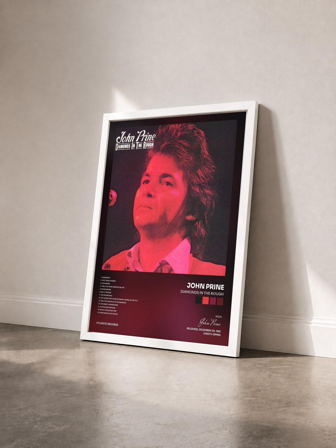 #blanc Tableau de l'album Diamonds in the Rough de John Prine vu de trois quarts, cadre blanc