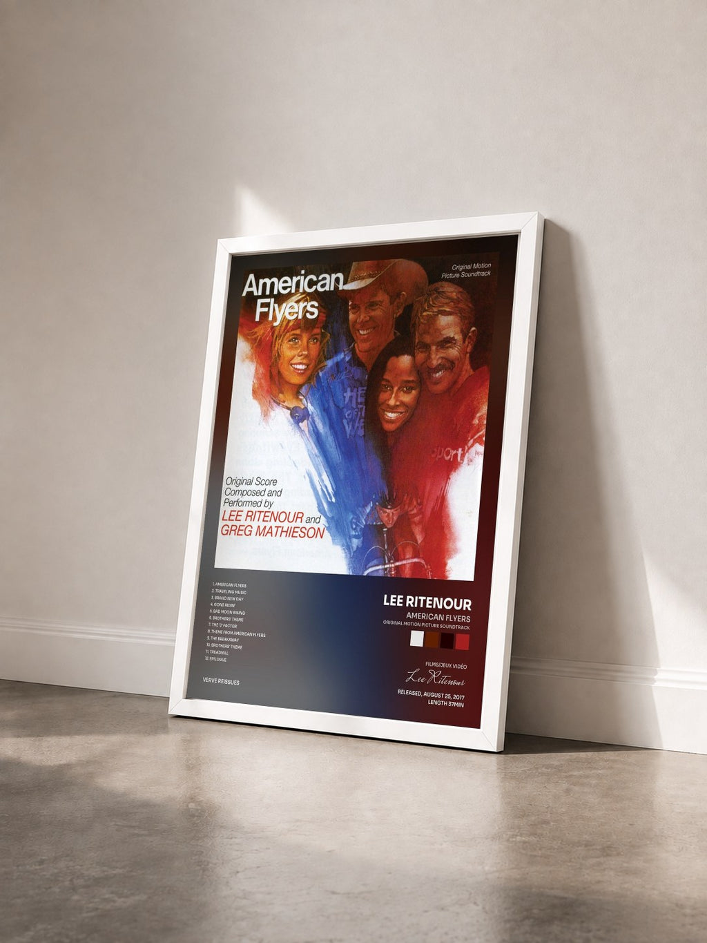 #blanc Tableau de l'album American Flyers (Original Motion Picture Soundtrack) de Lee Ritenour vu de trois quarts, cadre blanc