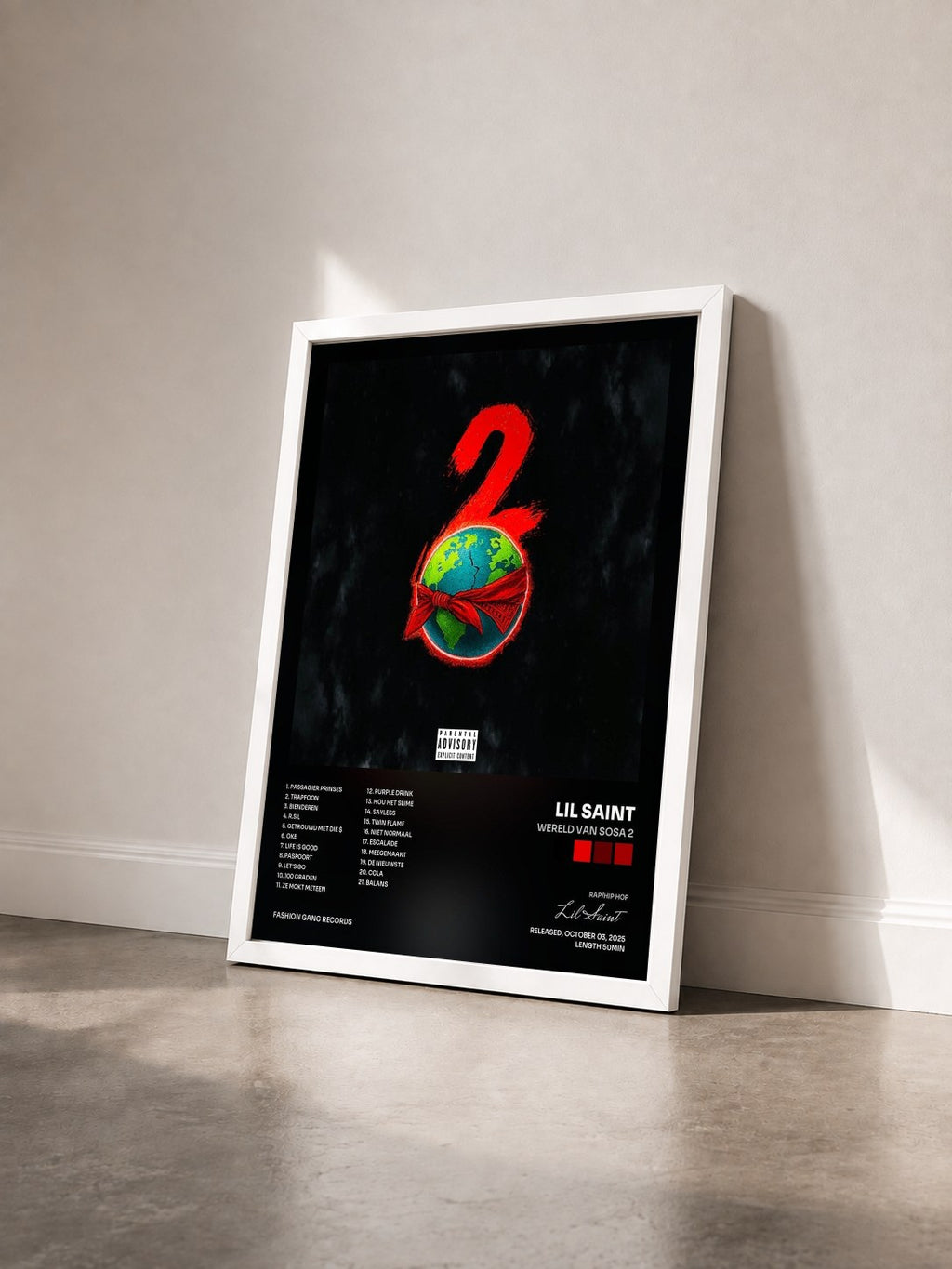 #blanc Tableau de l'album Wereld Van Sosa 2 de Lil Saint vu de trois quarts, cadre blanc