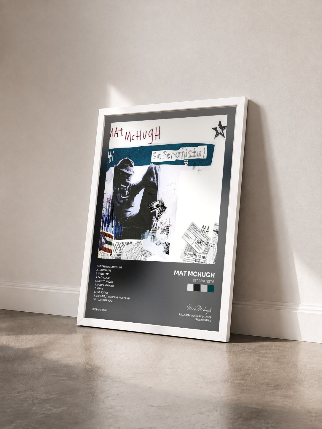 #blanc Tableau de l'album Separatista de Mat Mchugh vu de trois quarts, cadre blanc