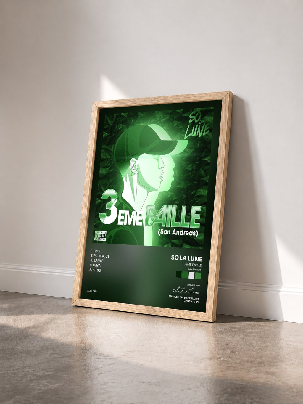 #bois Tableau de l'album 3ème Faille (San Andreas) de So La Lune vu de trois quarts, cadre en bois brut