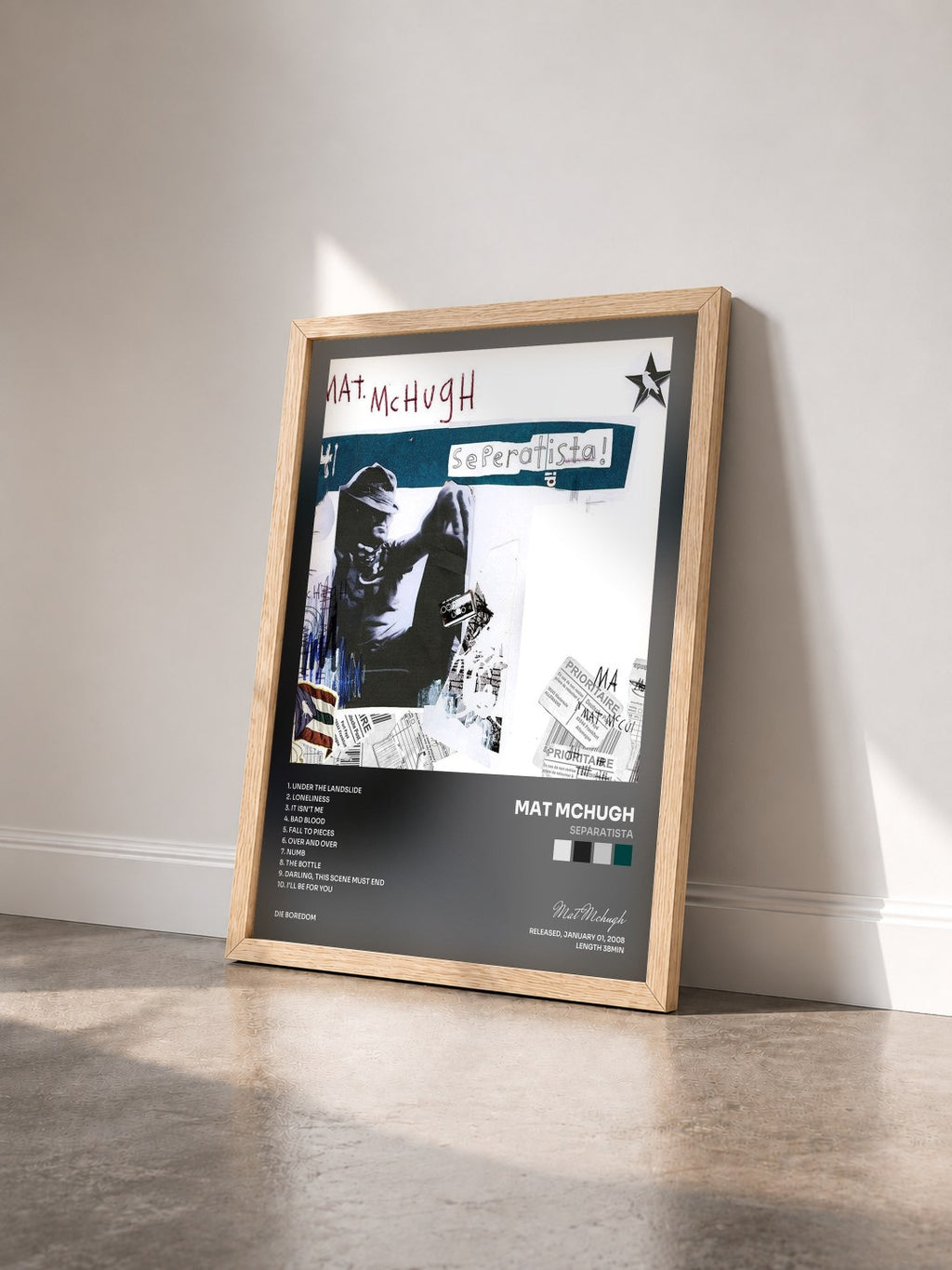 #bois Tableau de l'album Separatista de Mat Mchugh vu de trois quarts, cadre en bois brut
