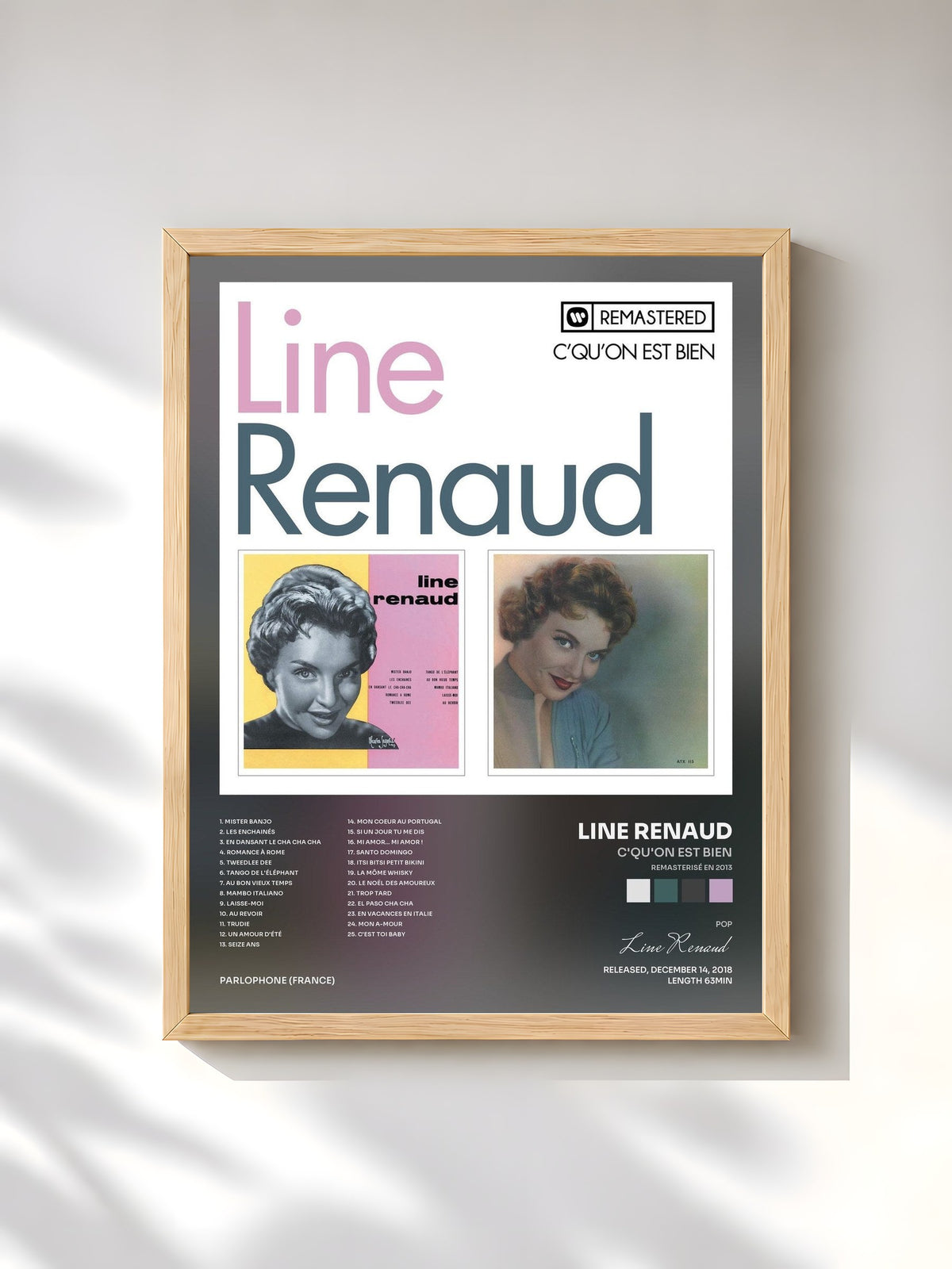 #bois Tableau de l'album C'qu'on est bien (Remasterisé en 2013) de Line Renaud, cadre en bois brut, imprimé et encadré en France
