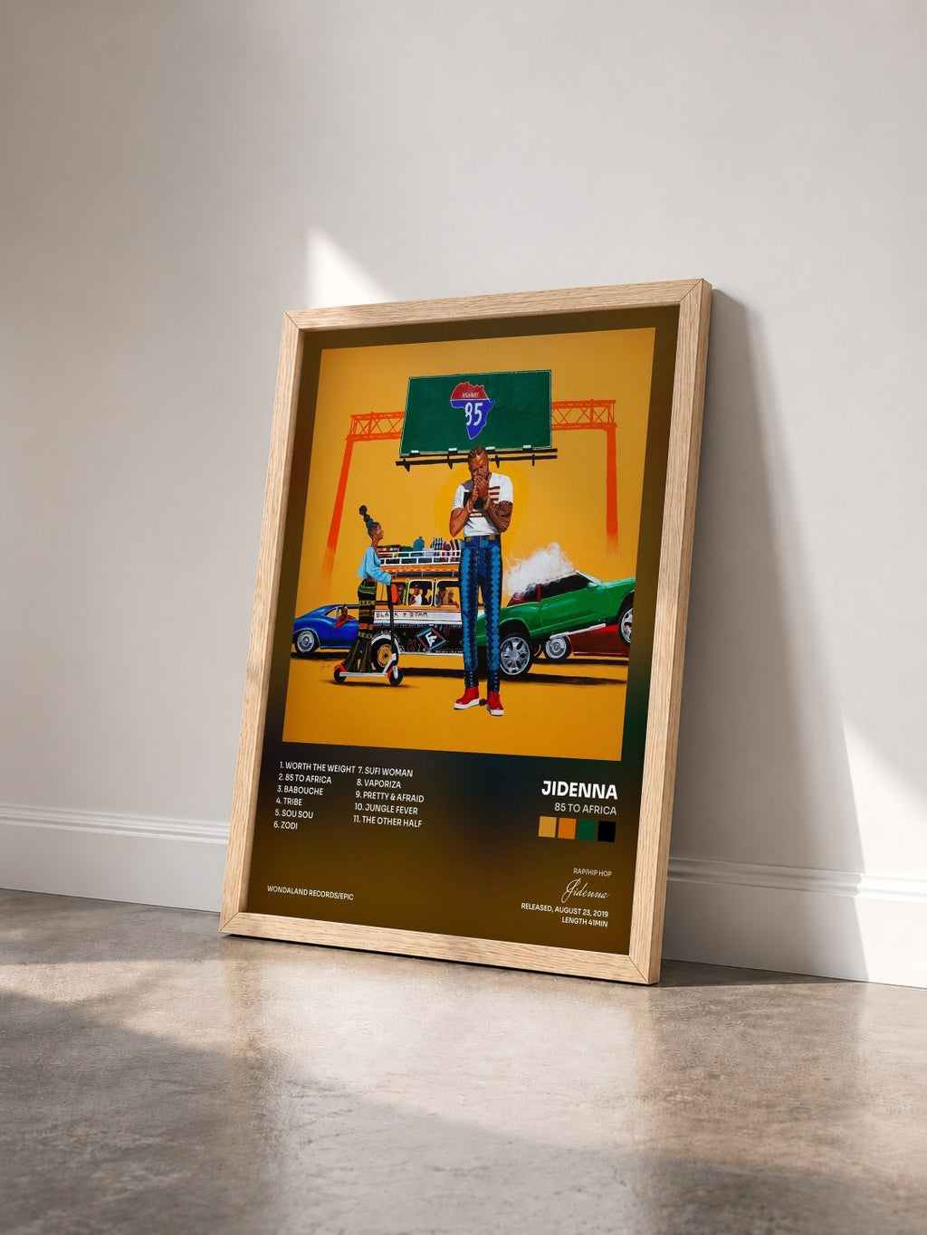 #bois Tableau de l'album 85 to Africa de Jidenna vu de trois quarts, cadre en bois brut