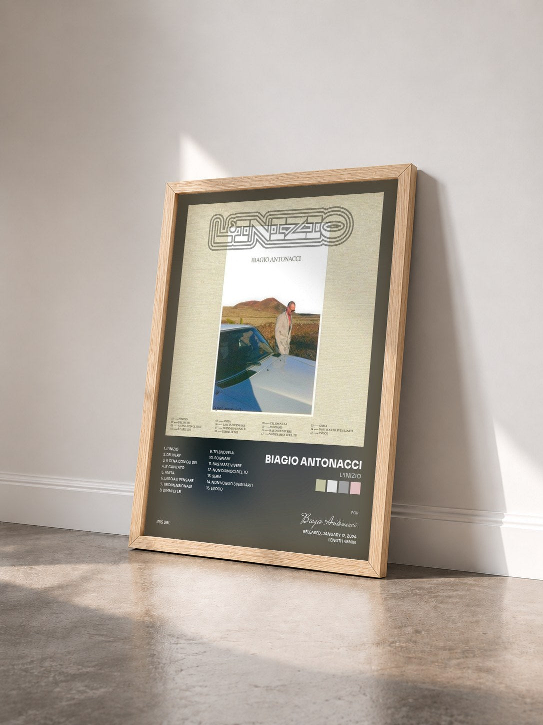 #bois Tableau de l'album L'inizio de Biagio Antonacci vu de trois quarts, cadre en bois brut