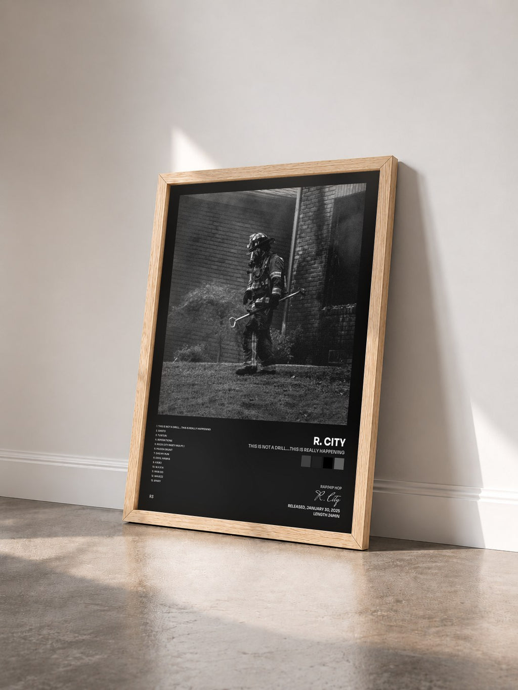 #bois Tableau de l'album This Is Not A Drill....This Is Really Happening de R. City vu de trois quarts, cadre en bois brut