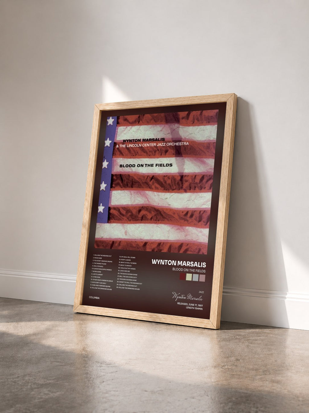 #bois Tableau de l'album Blood On The Fields de Wynton Marsalis vu de trois quarts, cadre en bois brut
