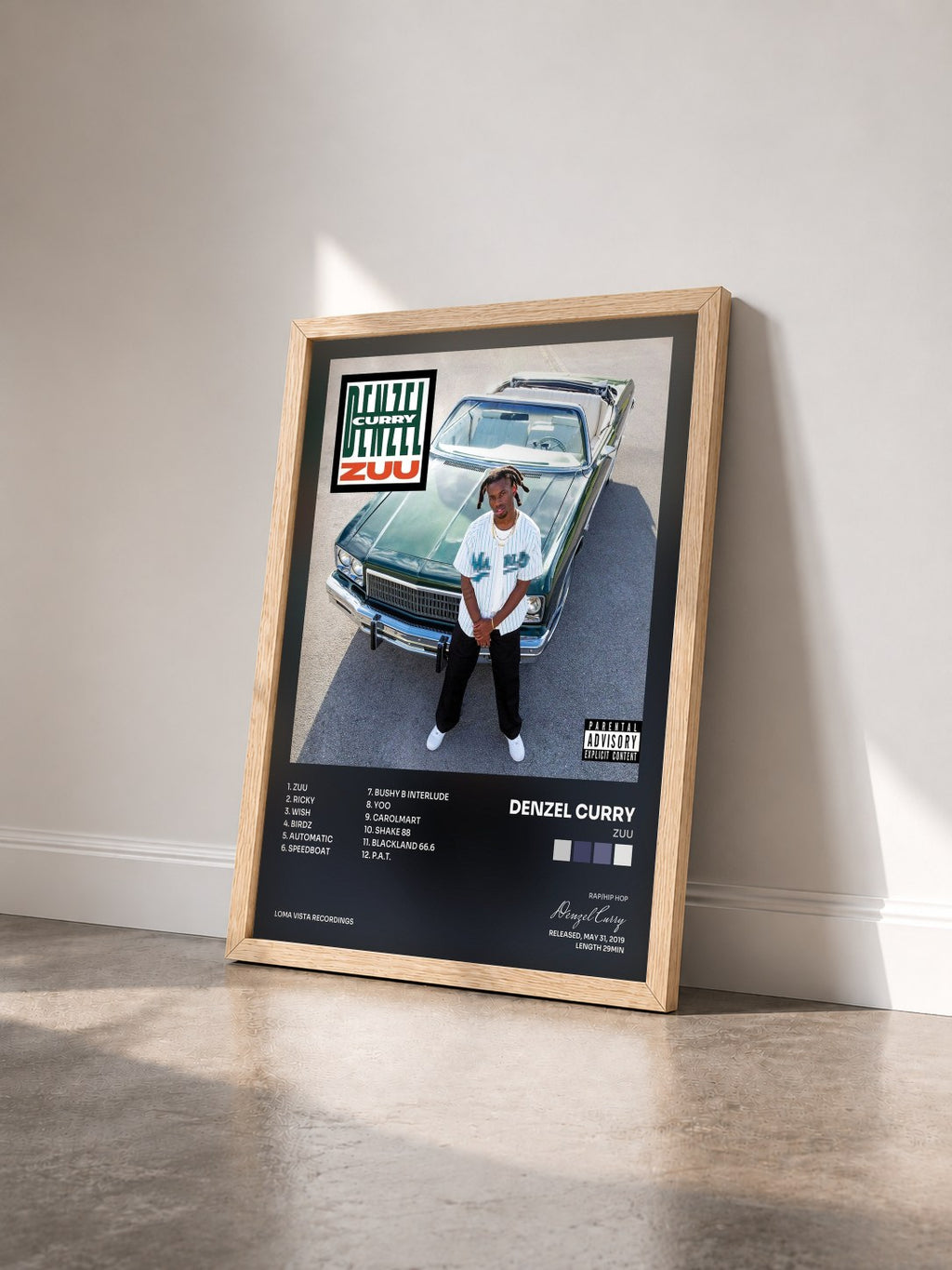 #bois Tableau de l'album ZUU de Denzel Curry vu de trois quarts, cadre en bois brut