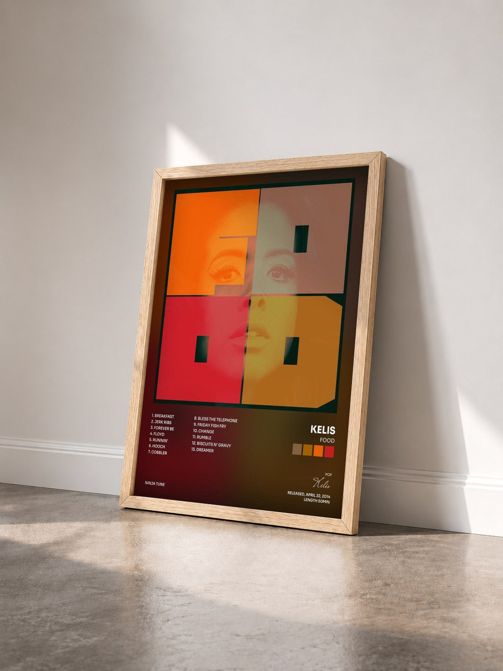 #bois Tableau de l'album Food de Kelis vu de trois quarts, cadre en bois brut