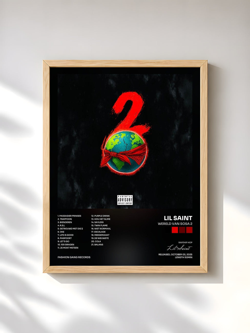 #bois Tableau de l'album Wereld Van Sosa 2 de Lil Saint, cadre en bois brut, imprimé et encadré en France