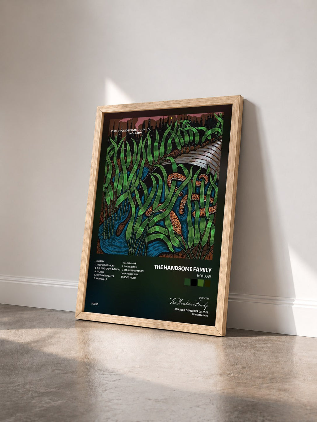 #bois Tableau de l'album Hollow de The Handsome Family vu de trois quarts, cadre en bois brut