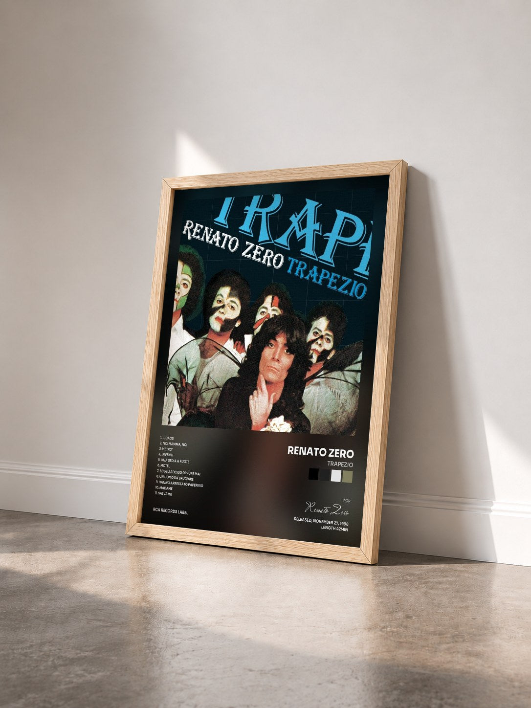 #bois Tableau de l'album Trapezio de Renato Zero vu de trois quarts, cadre en bois brut