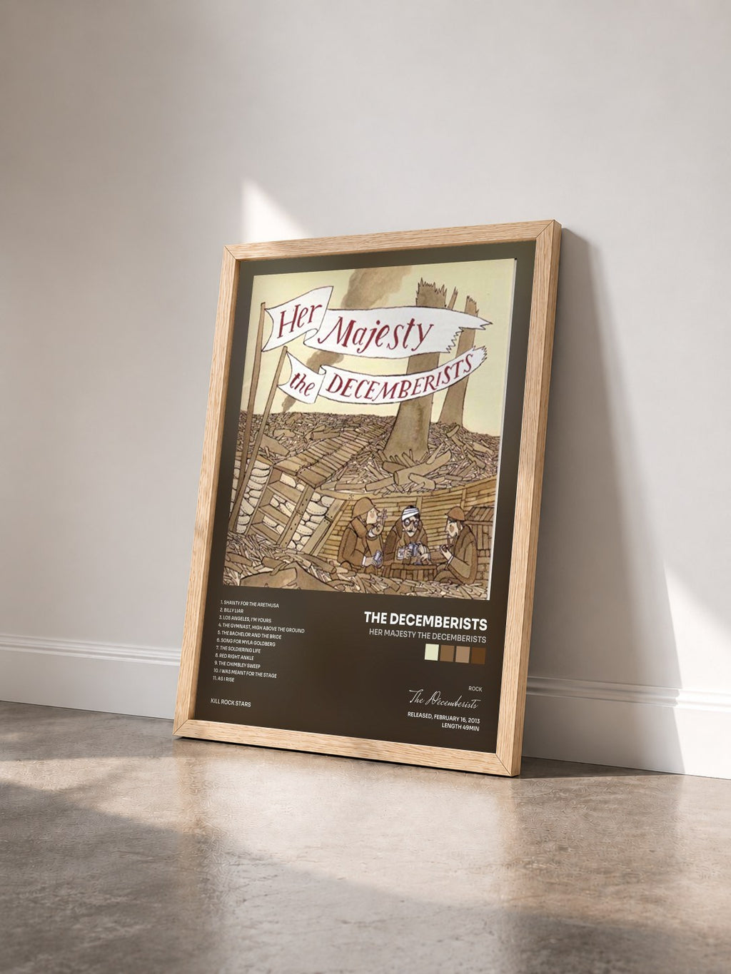 #bois Tableau de l'album Her Majesty The Decemberists de The Decemberists vu de trois quarts, cadre en bois brut