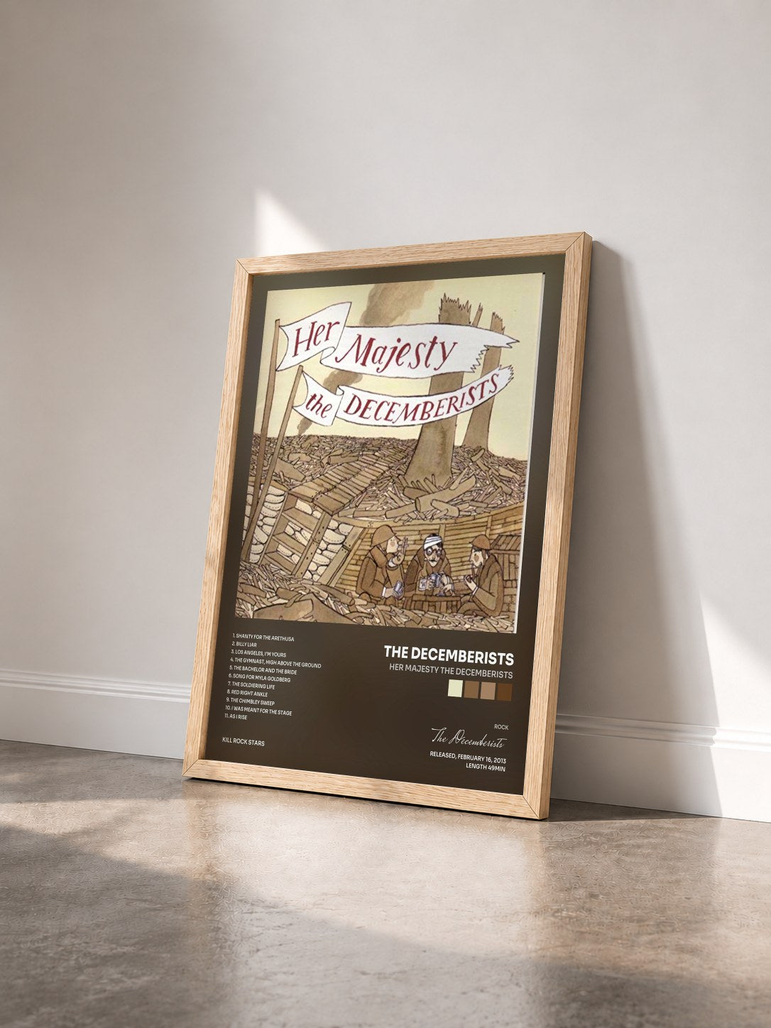 #bois Tableau de l'album Her Majesty The Decemberists de The Decemberists vu de trois quarts, cadre en bois brut