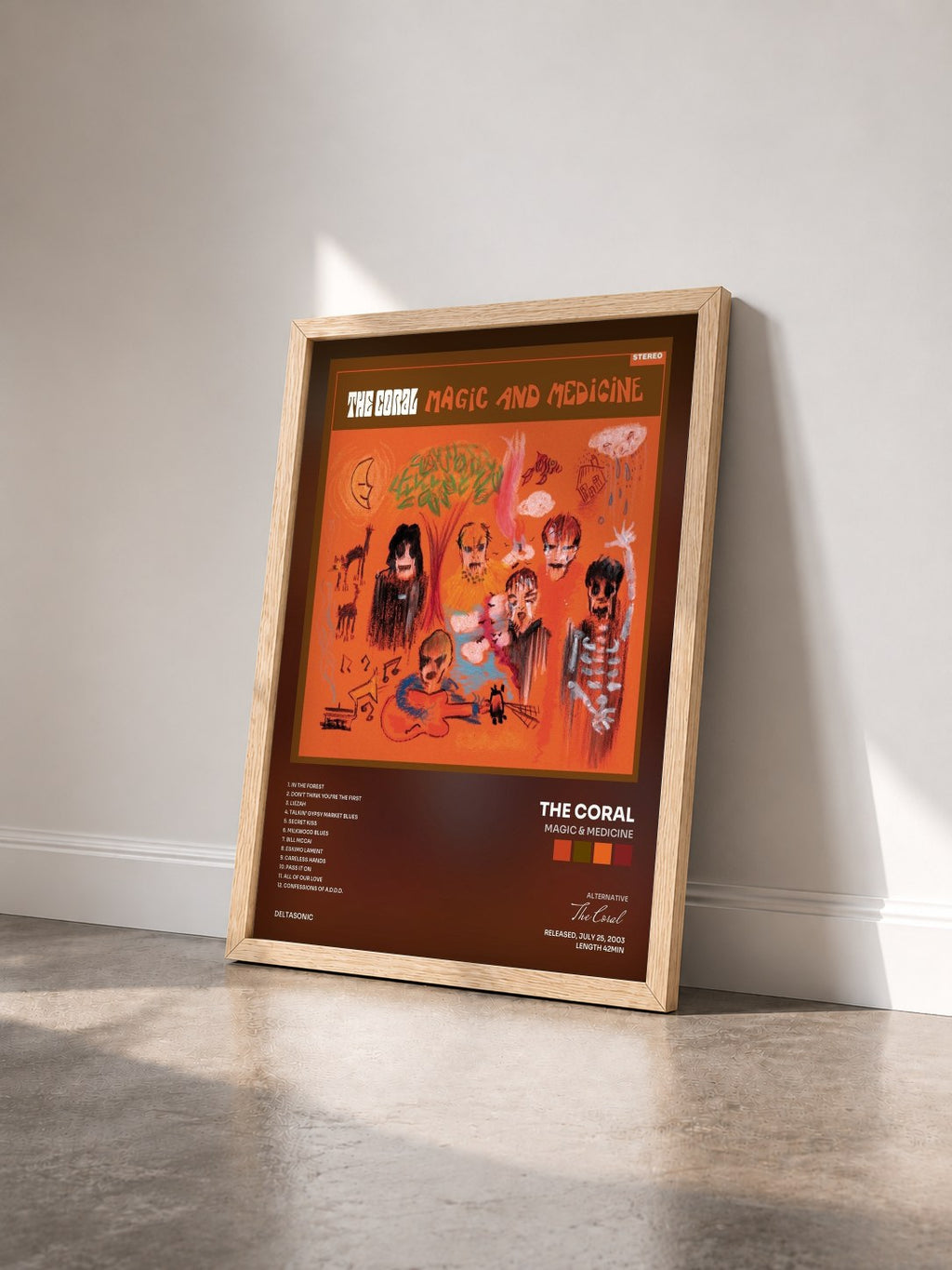 #bois Tableau de l'album Magic & Medicine de The Coral vu de trois quarts, cadre en bois brut