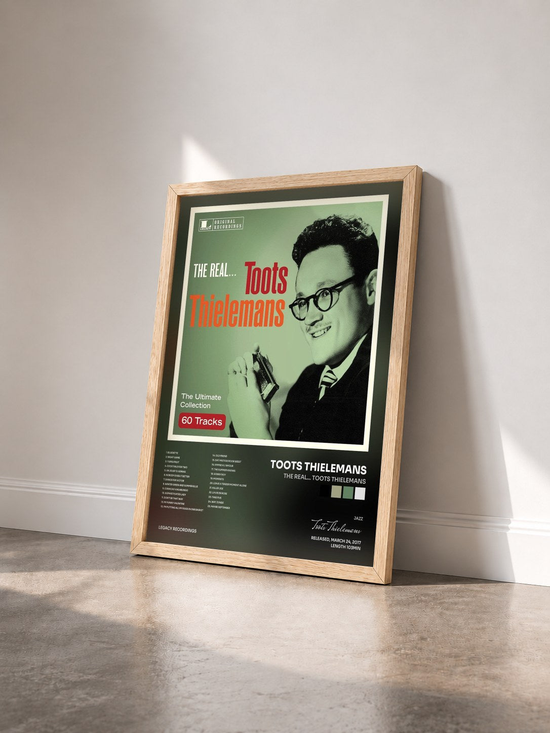 #bois Tableau de l'album The Real... Toots Thielemans de Toots Thielemans vu de trois quarts, cadre en bois brut