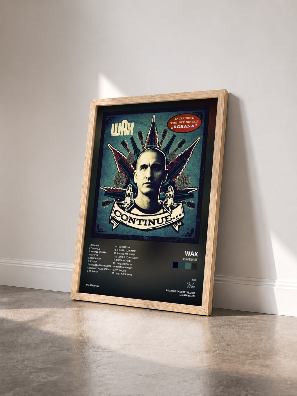 #bois Tableau de l'album Continue de Wax vu de trois quarts, cadre en bois brut