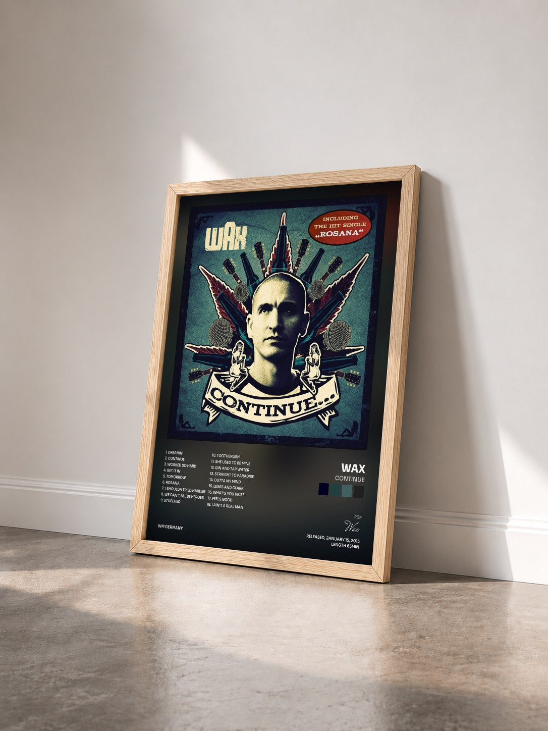 #bois Tableau de l'album Continue de Wax vu de trois quarts, cadre en bois brut
