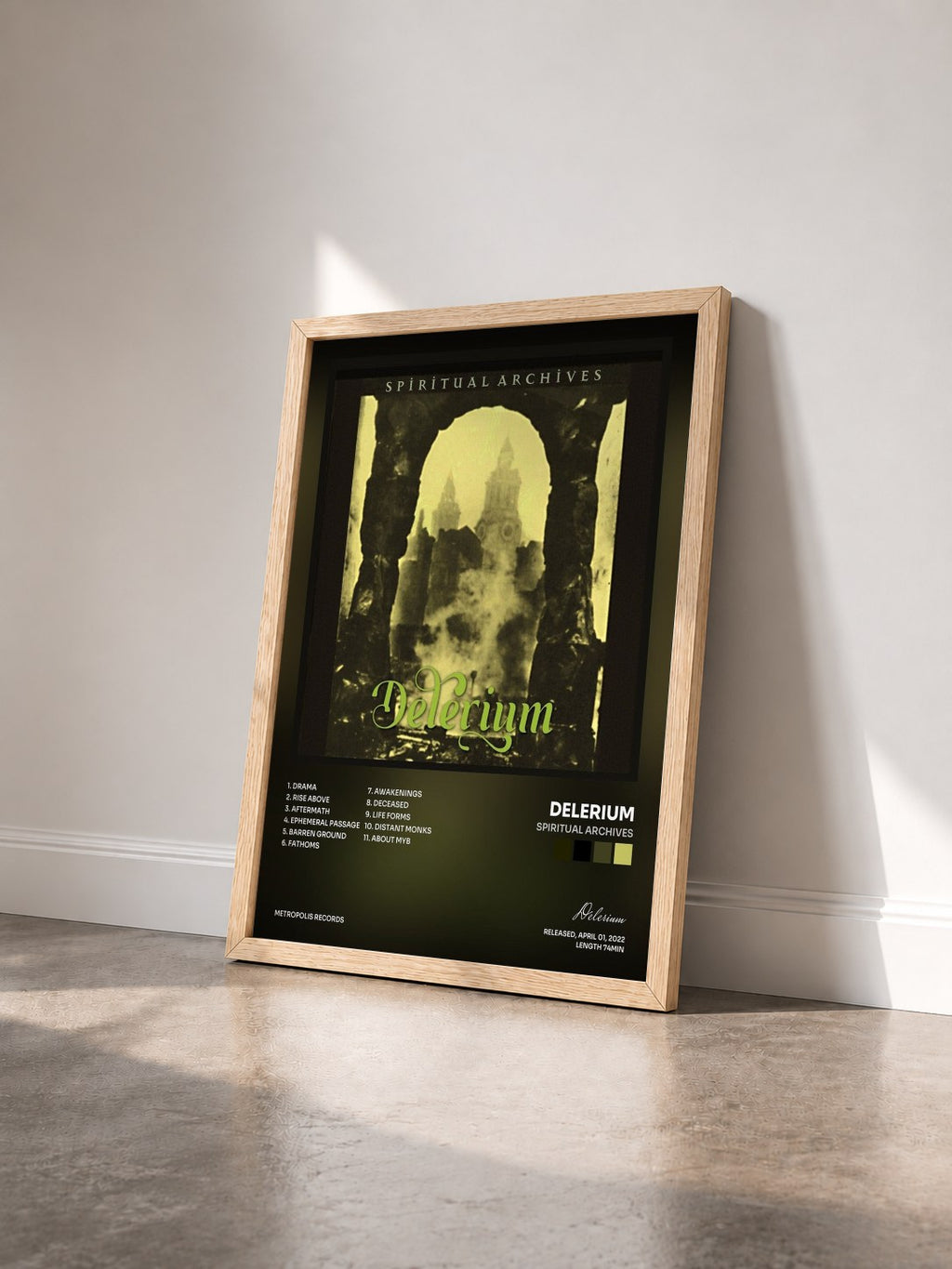 #bois Tableau de l'album Spiritual Archives de Delerium vu de trois quarts, cadre en bois brut