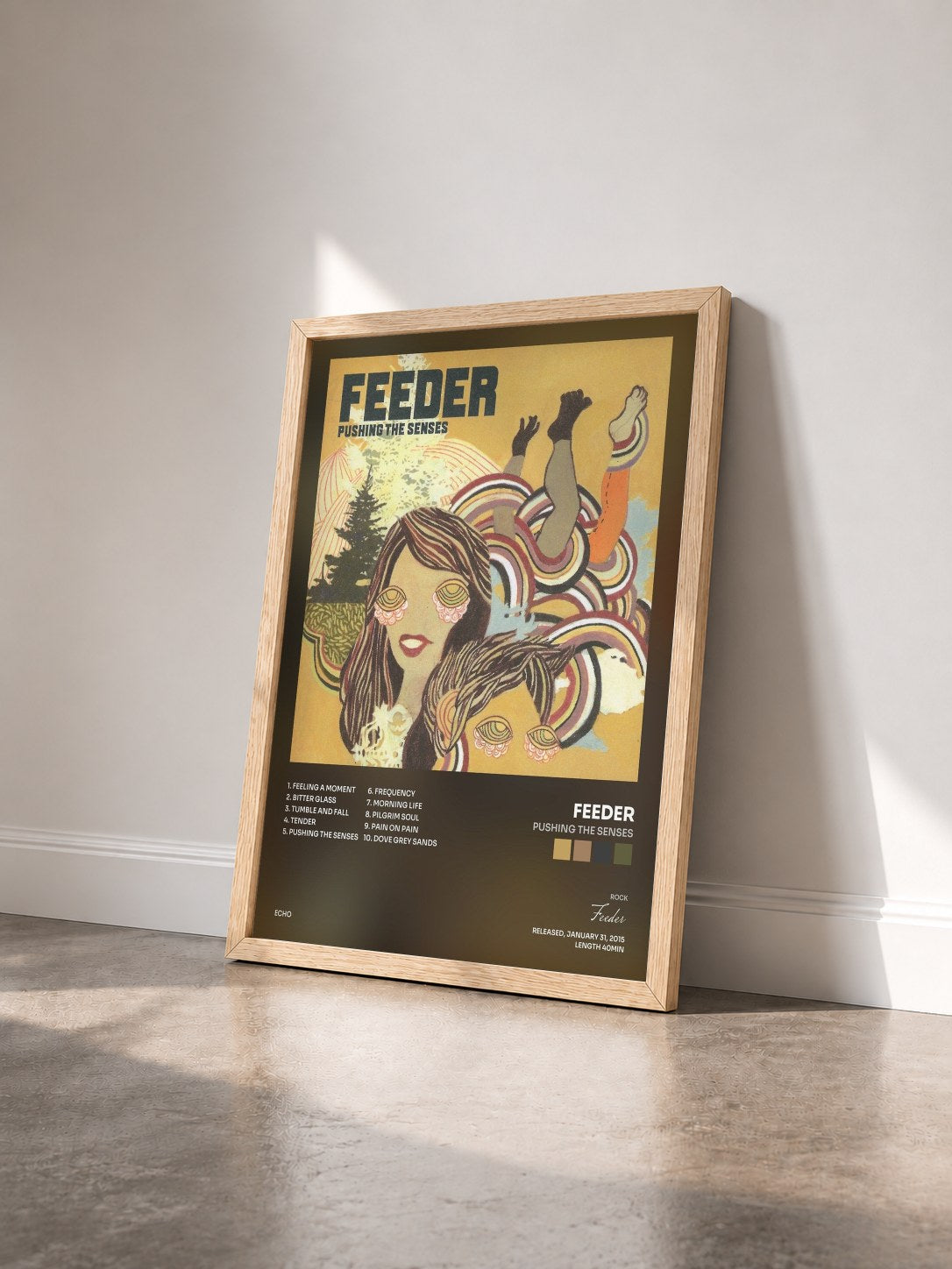 #bois Tableau de l'album Pushing the Senses de Feeder vu de trois quarts, cadre en bois brut