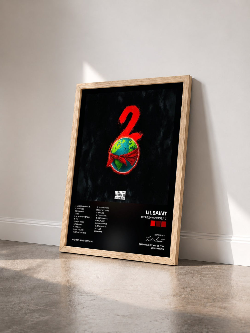 #bois Tableau de l'album Wereld Van Sosa 2 de Lil Saint vu de trois quarts, cadre en bois brut