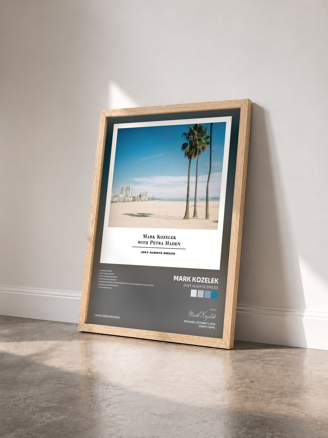 #bois Tableau de l'album Joey Always Smiled de Mark Kozelek vu de trois quarts, cadre en bois brut
