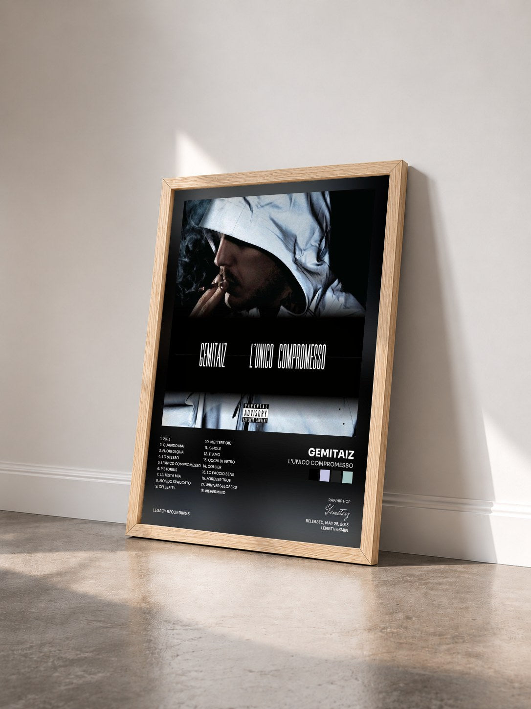 #bois Tableau de l'album L'Unico Compromesso de Gemitaiz vu de trois quarts, cadre en bois brut