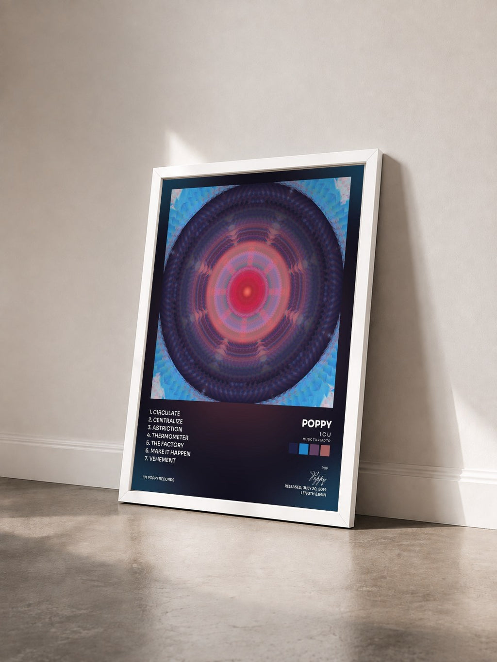 #blanc Tableau de l'album I C U (Music to Read To) de Poppy vu de trois quarts, cadre blanc
