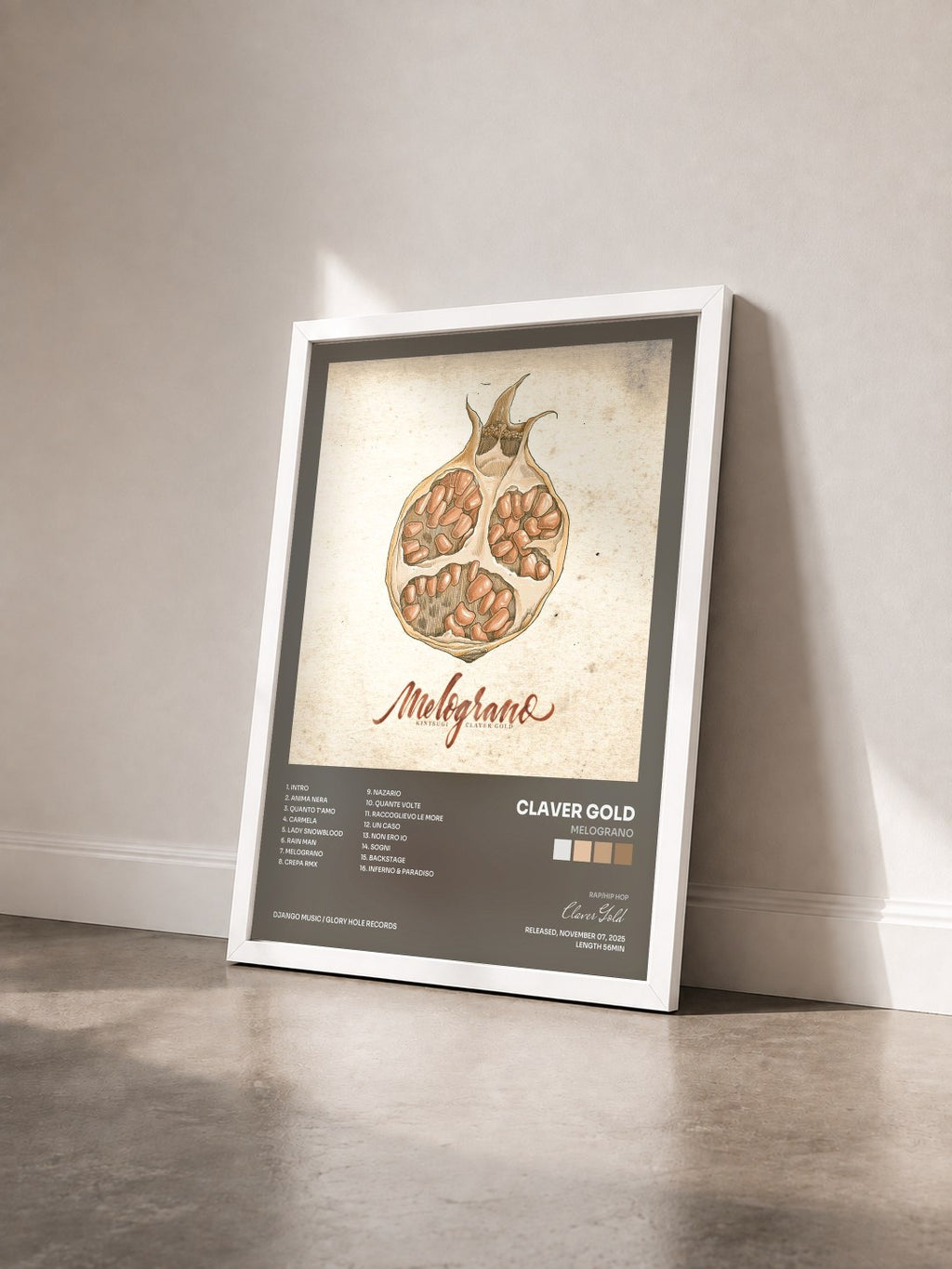 #blanc Tableau de l'album Melograno de Claver Gold vu de trois quarts, cadre blanc