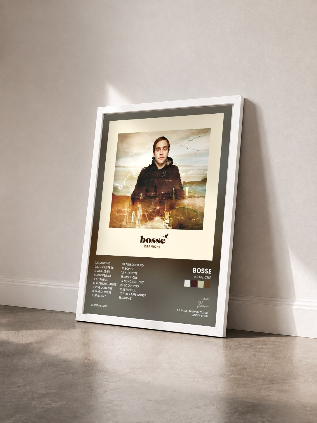 #blanc Tableau de l'album Kraniche de Bosse vu de trois quarts, cadre blanc