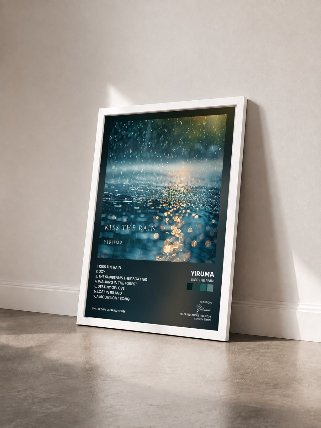 #blanc Tableau de l'album Kiss The Rain de Yiruma vu de trois quarts, cadre blanc