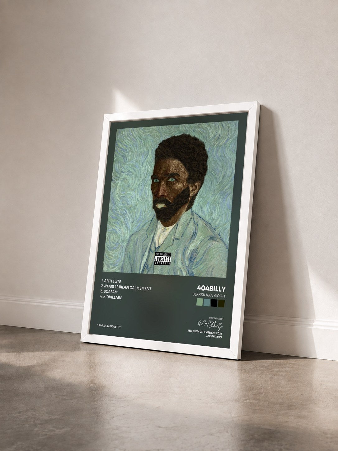 #blanc Tableau de l'album BLKKKK VAN GOGH de 404Billy vu de trois quarts, cadre blanc