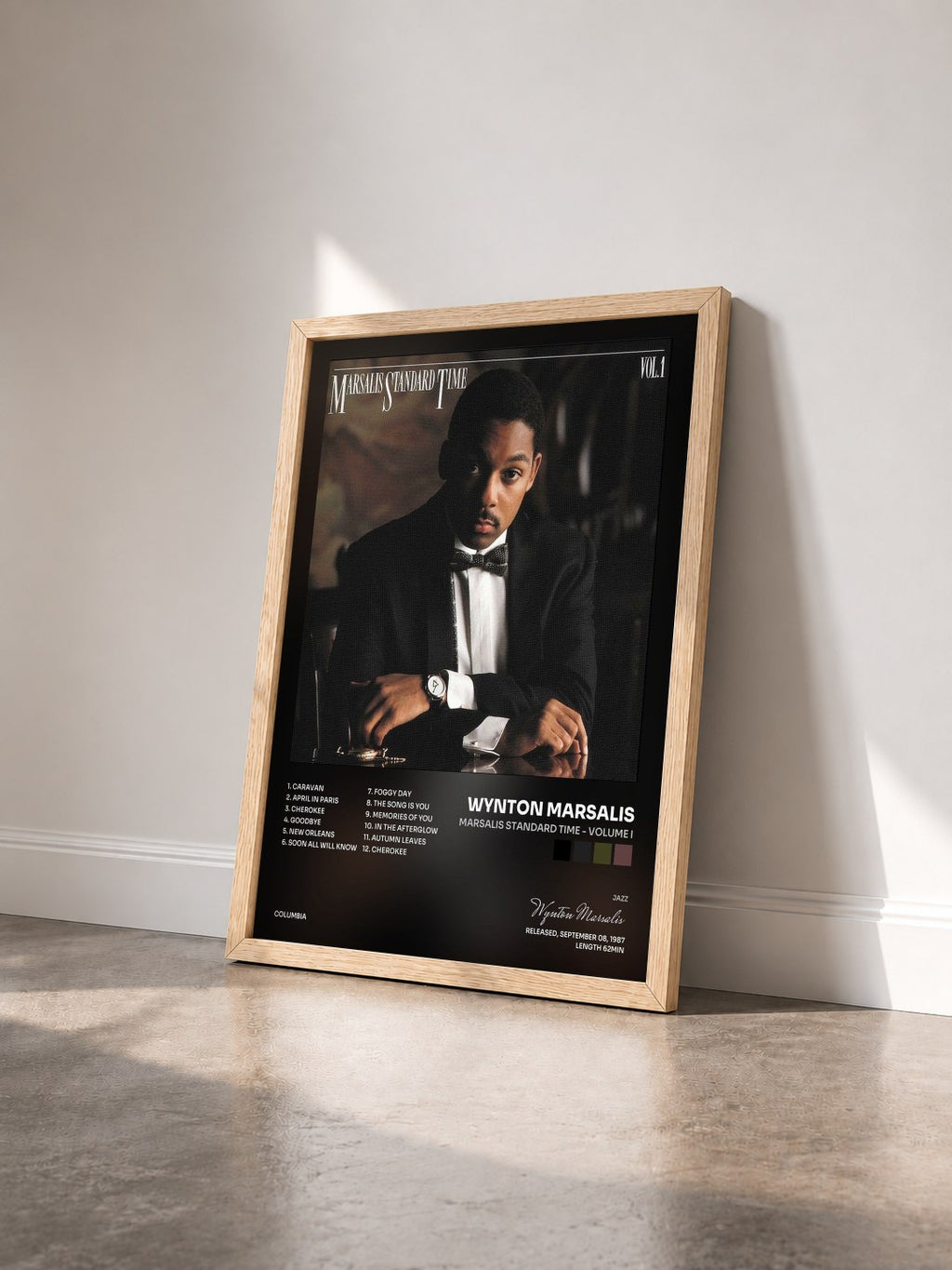 #bois Tableau de l'album Marsalis Standard Time - Volume I de Wynton Marsalis vu de trois quarts, cadre en bois brut