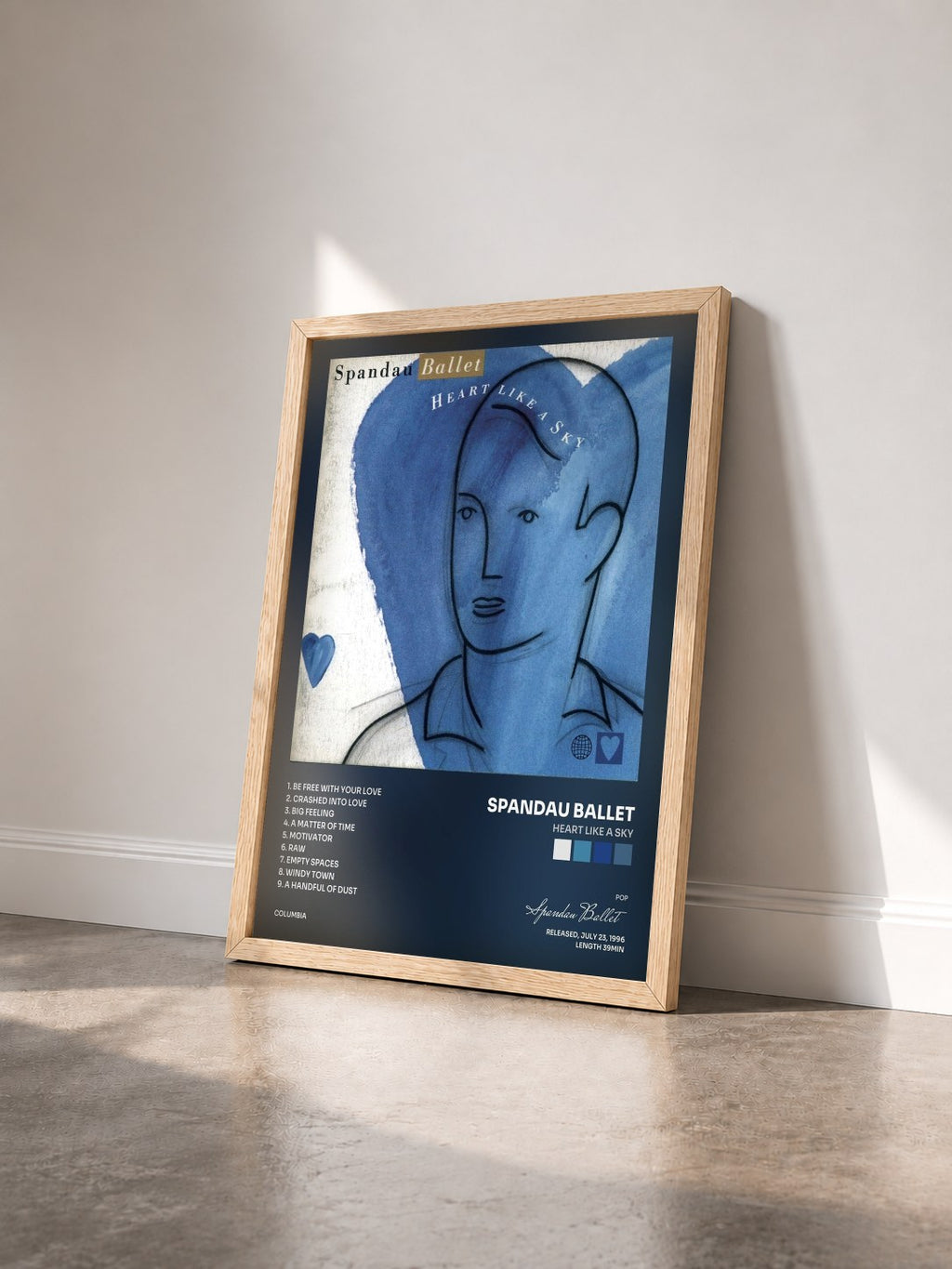 #bois Tableau de l'album Heart Like A Sky de Spandau Ballet vu de trois quarts, cadre en bois brut