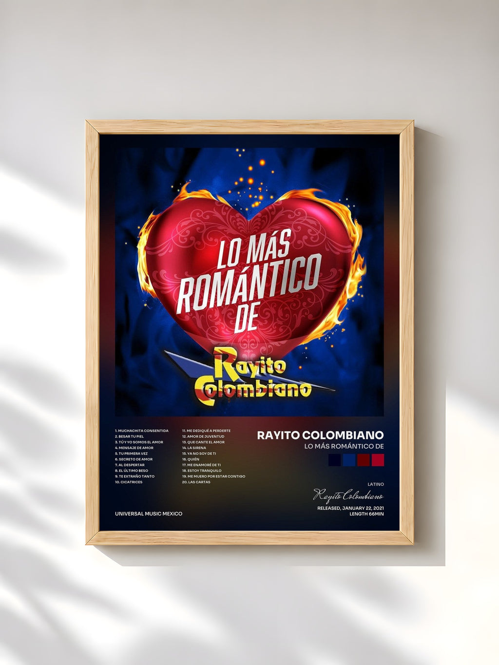 #bois Tableau de l'album Lo Más Romántico De de Rayito Colombiano, cadre en bois brut, imprimé et encadré en France