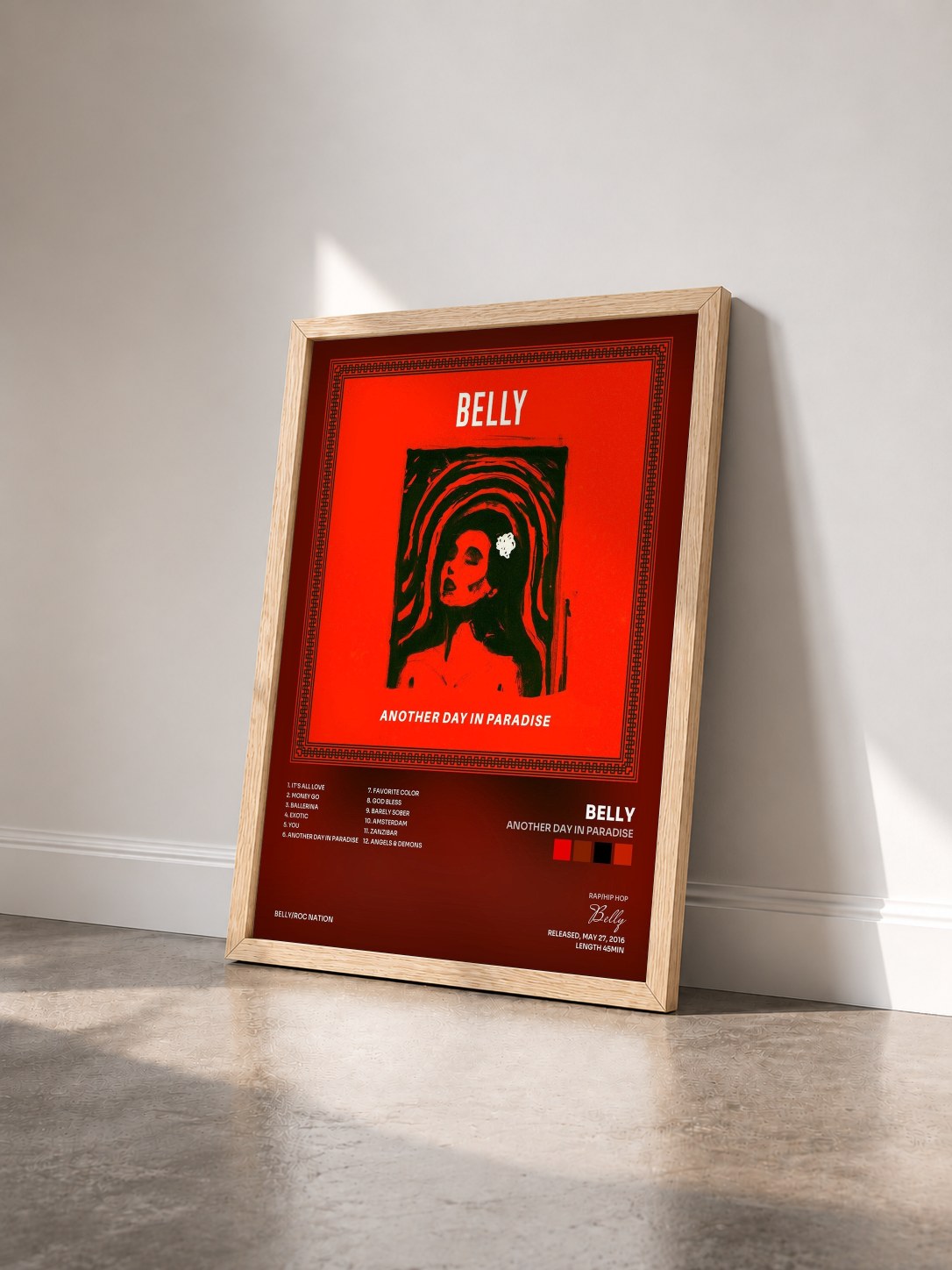 #bois Tableau de l'album Another Day In Paradise de Belly vu de trois quarts, cadre en bois brut