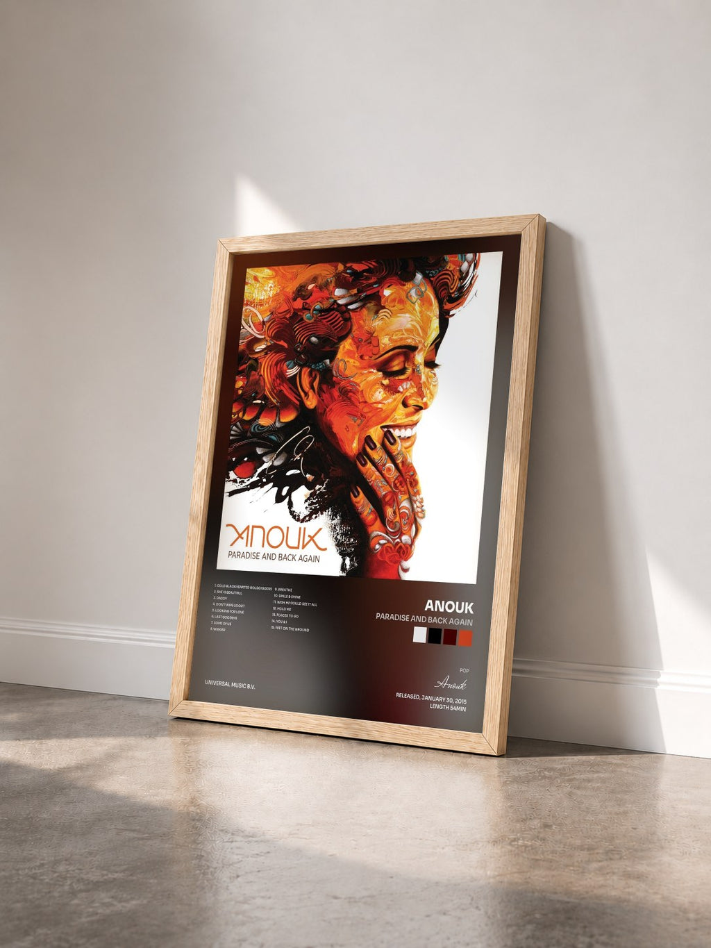 #bois Tableau de l'album Paradise And Back Again de Anouk vu de trois quarts, cadre en bois brut