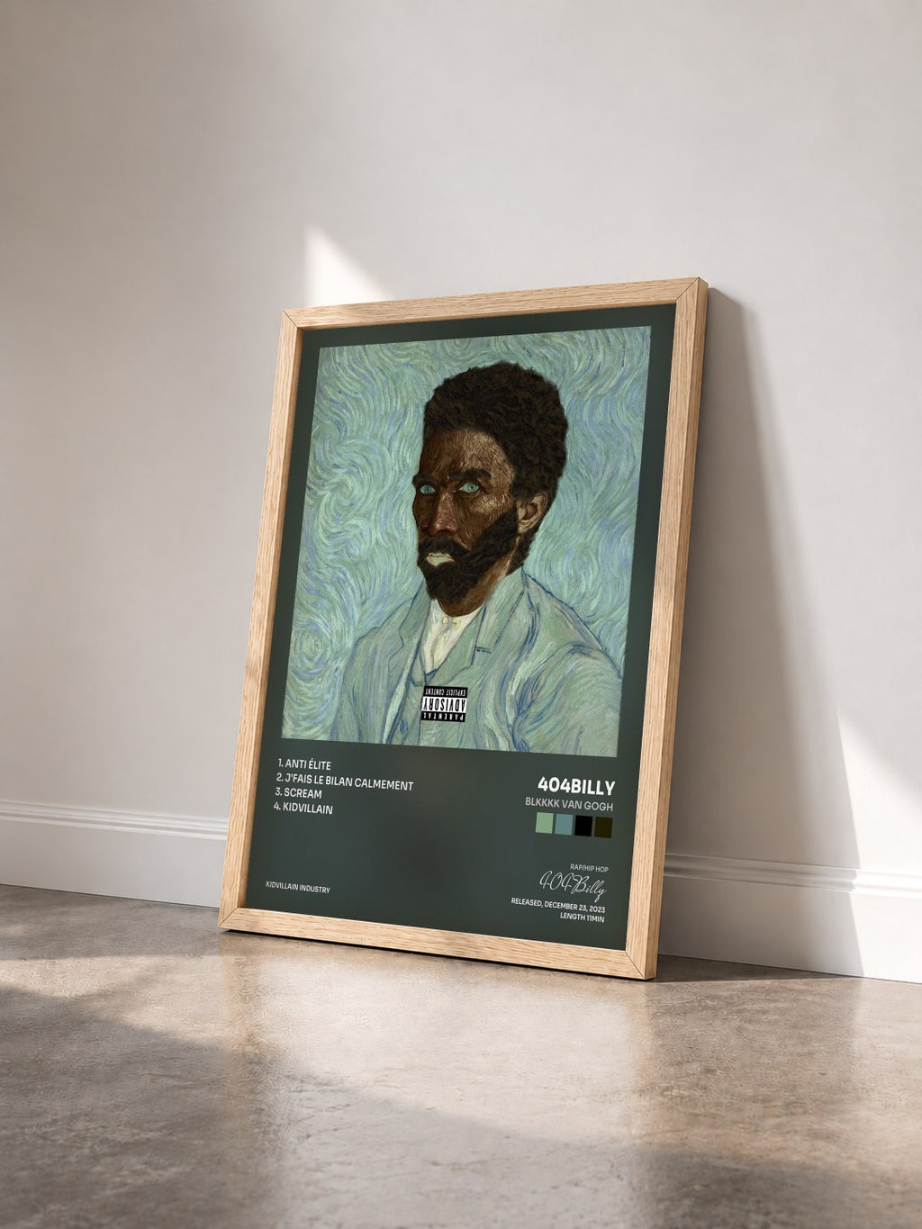 #bois Tableau de l'album BLKKKK VAN GOGH de 404Billy vu de trois quarts, cadre en bois brut
