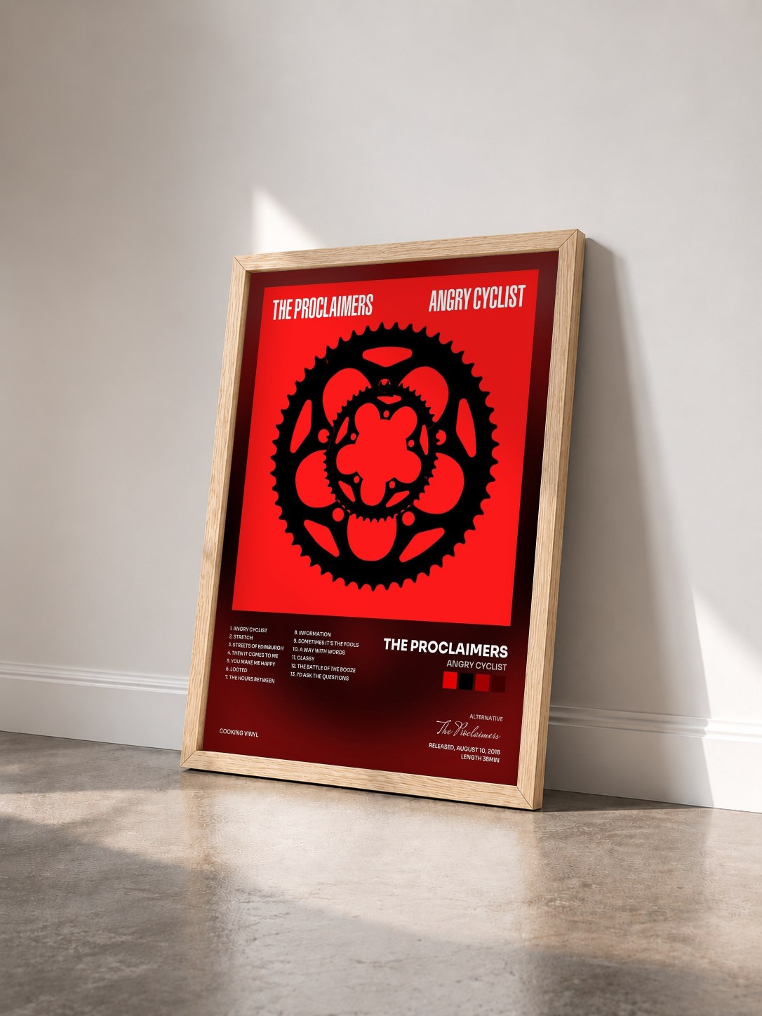 #bois Tableau de l'album Angry Cyclist de The Proclaimers vu de trois quarts, cadre en bois brut